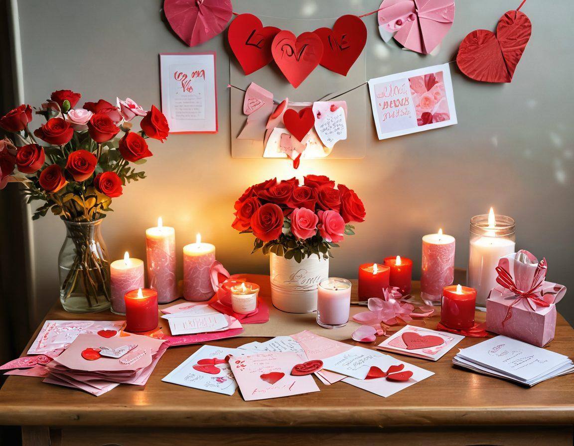 A cozy environment featuring a beautifully arranged DIY Valentine's Day workspace, showcasing handmade romantic gifts like heart-shaped cards, bouquets made from vibrant paper flowers, and personalized love notes scattered around. Soft candlelight illuminates the area, creating an intimate atmosphere with warm colors. Whimsical elements like ribbons and decorative scissors add to the charm. Include a subtle hint of love in the air with a background of faint heart motifs. warm colors. cozy ambiance. super-realistic.