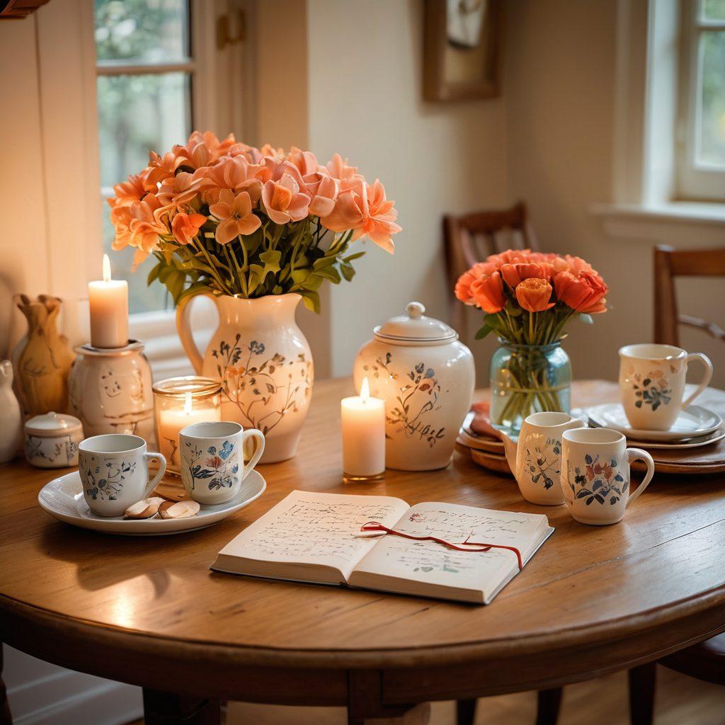 A cozy, warmly lit interior scene featuring a beautifully arranged table with heartfelt gifts such as hand-painted ceramics, personalized notes, and intertwined flowers, capturing the essence of intimacy. Soft focus on gentle smiles and tender gestures between a couple sharing the moment, with subtle heart motifs throughout the design. painterly style. warm tones. soft light.