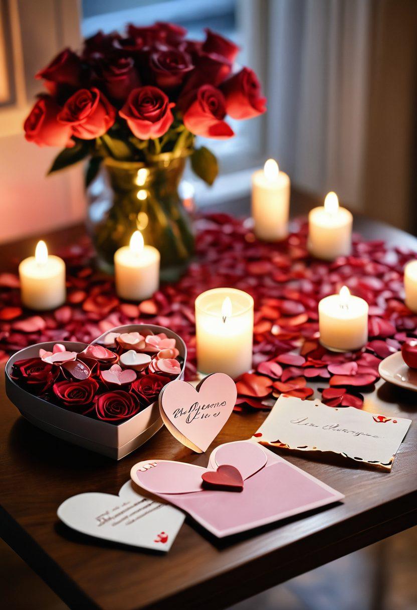 A cozy, warmly lit scene featuring a beautifully arranged table with handmade love tokens like intricate heart-shaped cards, tiny love notes, and artisanal chocolates. Surrounding the table are soft rose petals and flickering candles, evoking a romantic atmosphere. In the background, a gentle blur of a couple sharing a loving glance, showcasing the emotion of Valentine's Day. The overall tone is inviting and affectionate, with a dreamy, whimsical touch. super-realistic. vibrant colors. 3D.
